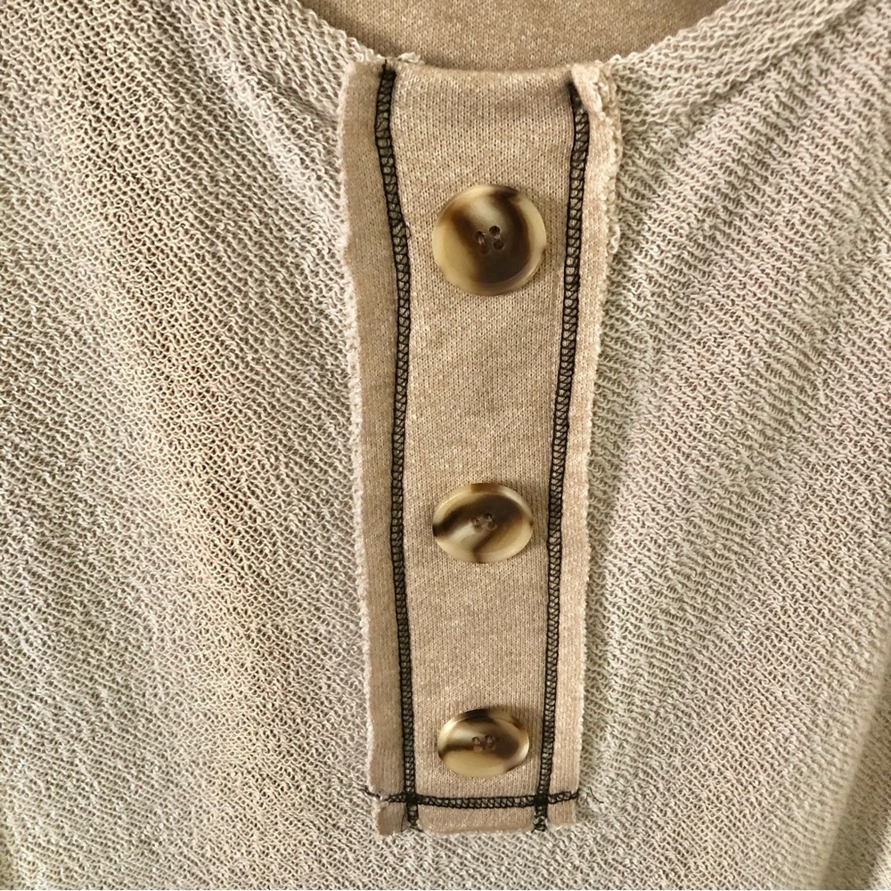 BiBi Neutral Beige Henley with Patterned Taupe Sleeves - Picture 2 of 12